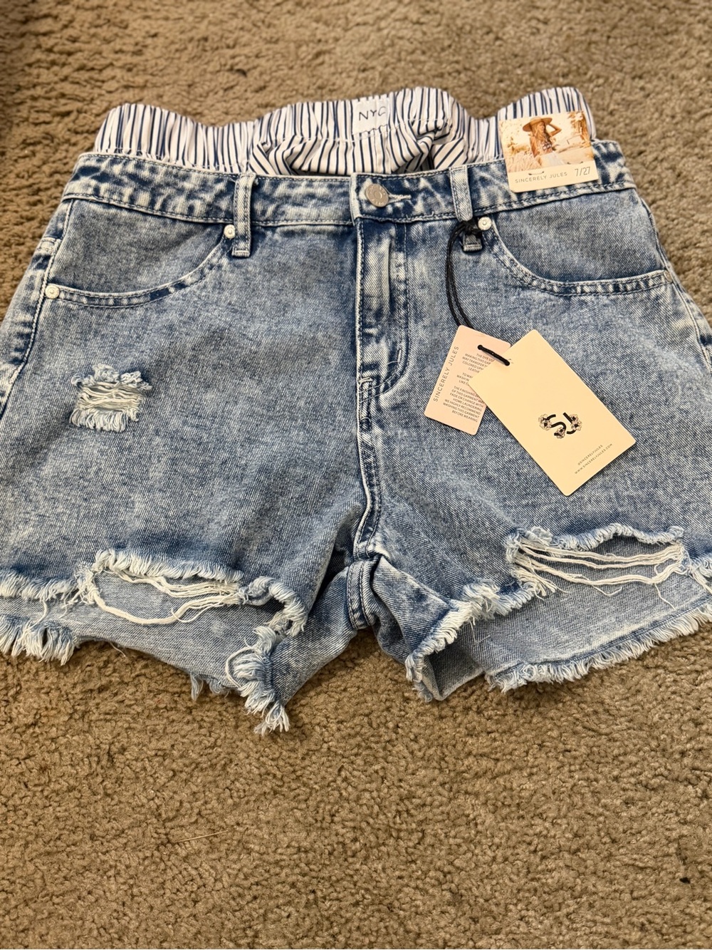 Sincerely Jules Light Blue High-Rise Distressed Denim Shorts